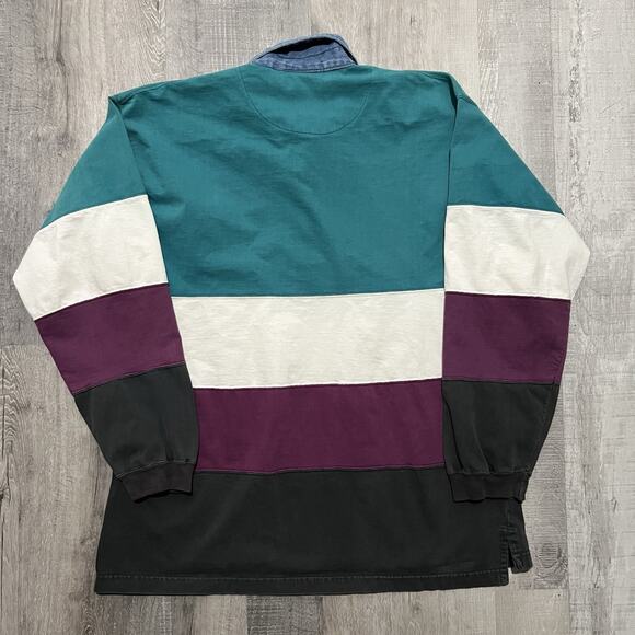 VTG Willow Bay Striped Rugby Polo Purple/Teal 90s Denim Collar Preppy Striped L - Picture 3 of 4